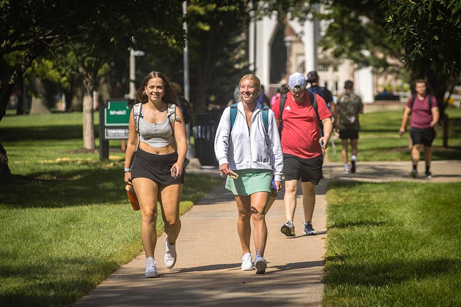 Northwest students cross the main campus in Maryville during the first day of fall classes in August. (Photo by Lauren Adams/Northwest Missouri State University)
